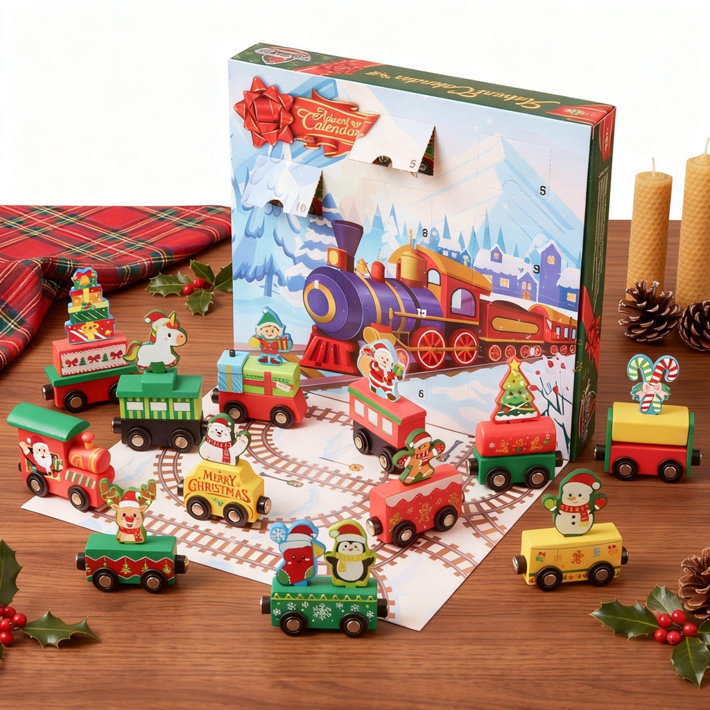 Magnetic Train Car Advent Calendar with 12 Connecting Cars and Numbered Doors