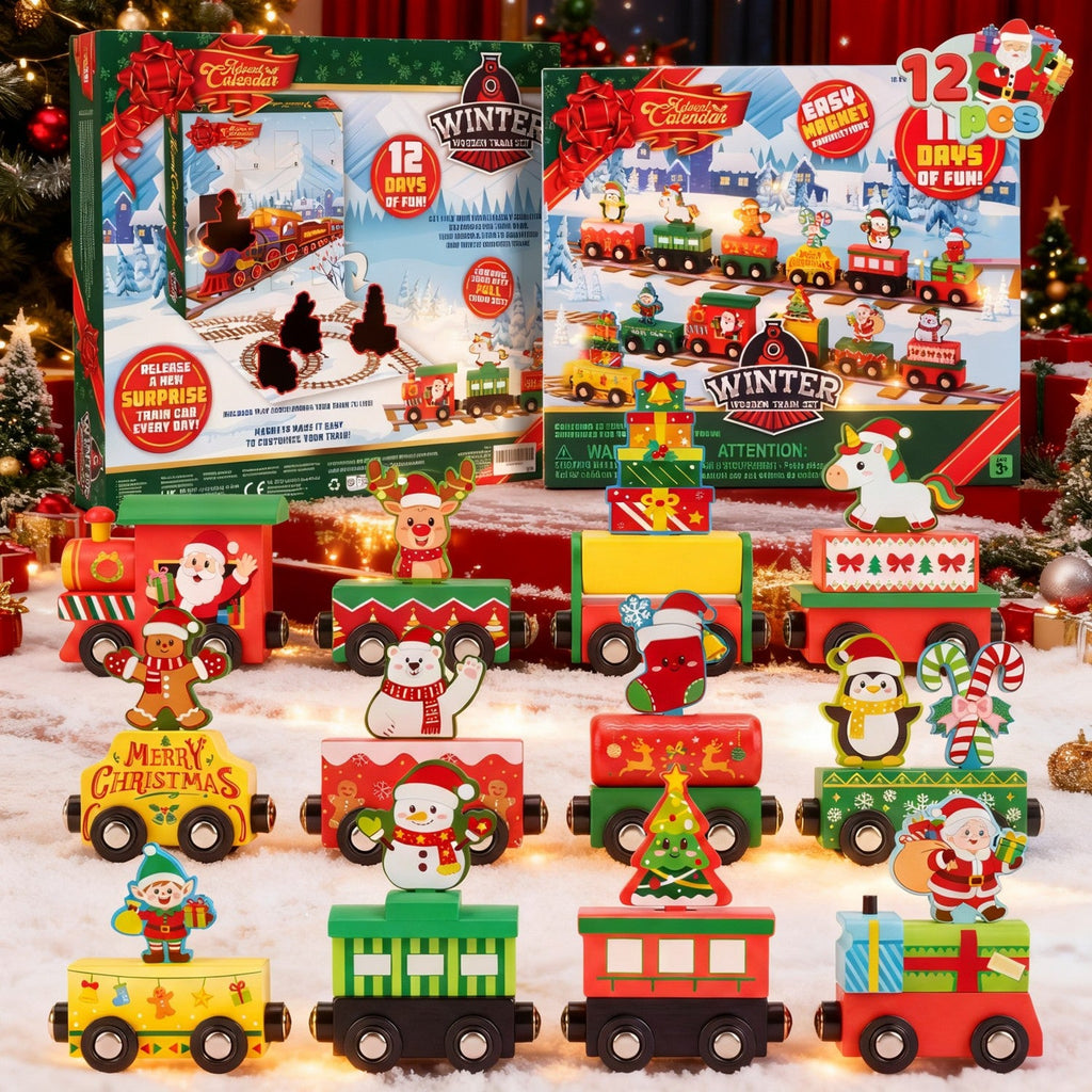Magnetic Train Car Advent Calendar with 12 Connecting Cars and Numbered Doors