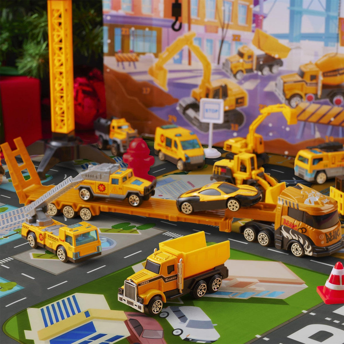 Construction Vehicle Advent Calendar with 24 Pieces and City Play Mat for Kids