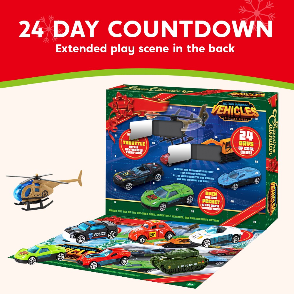 Toy Vehicle Advent Calendar with 24 Mini Cars and Trucks in 1 to 64 Scale for Car Fans
