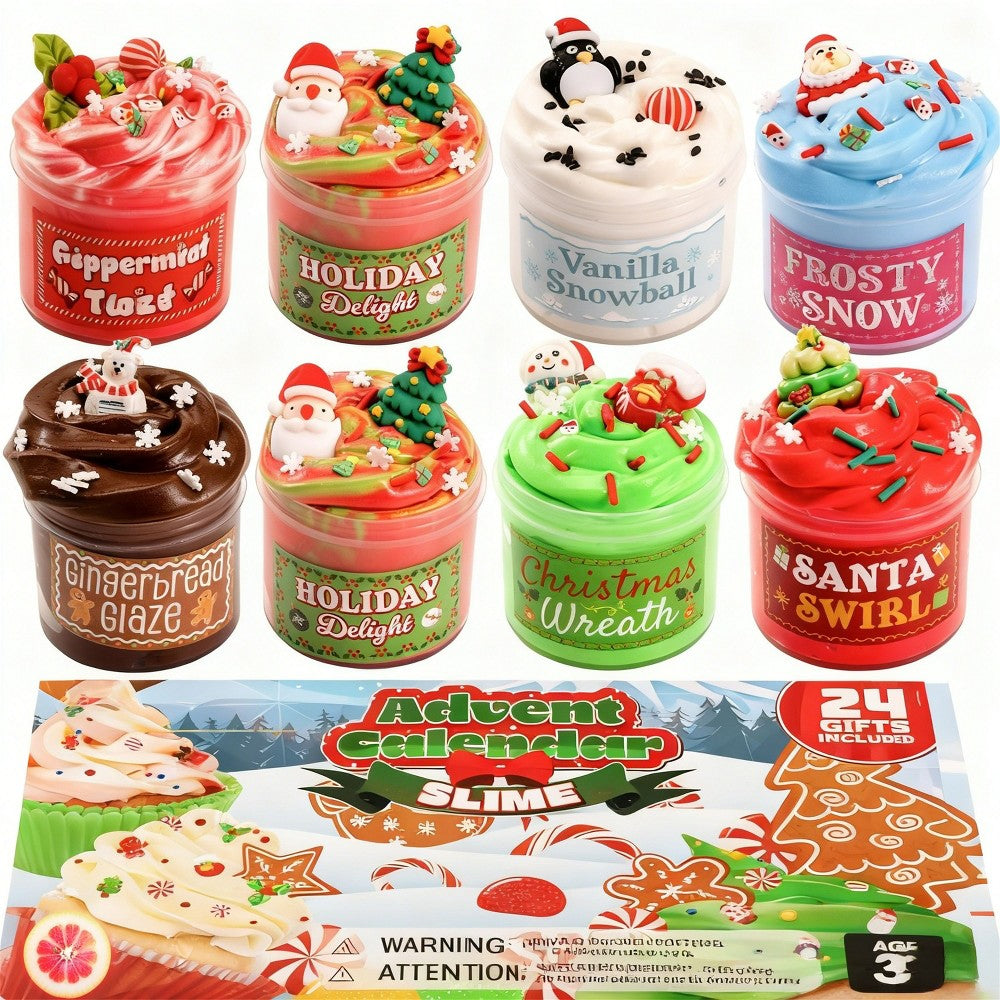 Holiday Slime Countdown Box with 8 Slime Jars and 16 Charm and Sprinkle Packs Behind 24 Windows