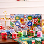 Holiday Slime Countdown Box with 8 Slime Jars and 16 Charm and Sprinkle Packs Behind 24 Windows