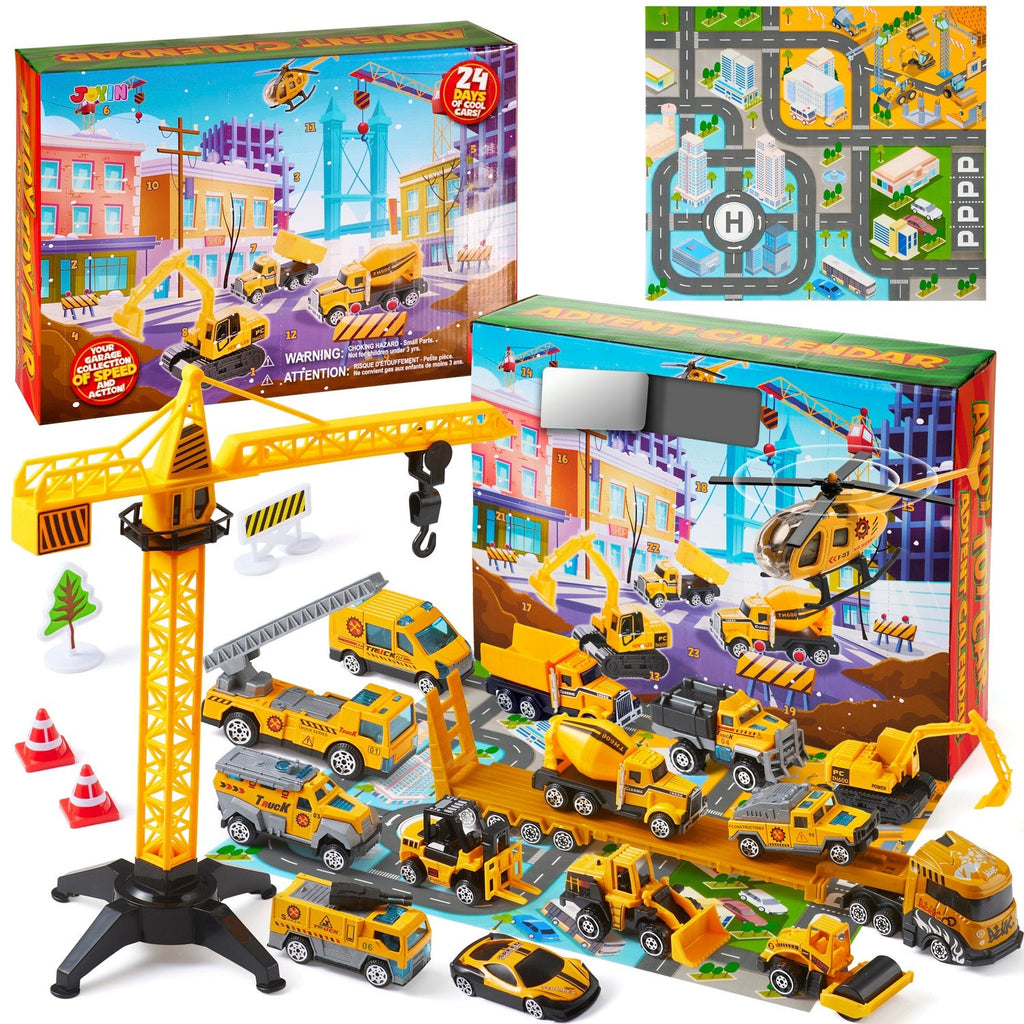 Construction Vehicle Advent Calendar with 24 Pieces and City Play Mat for Kids