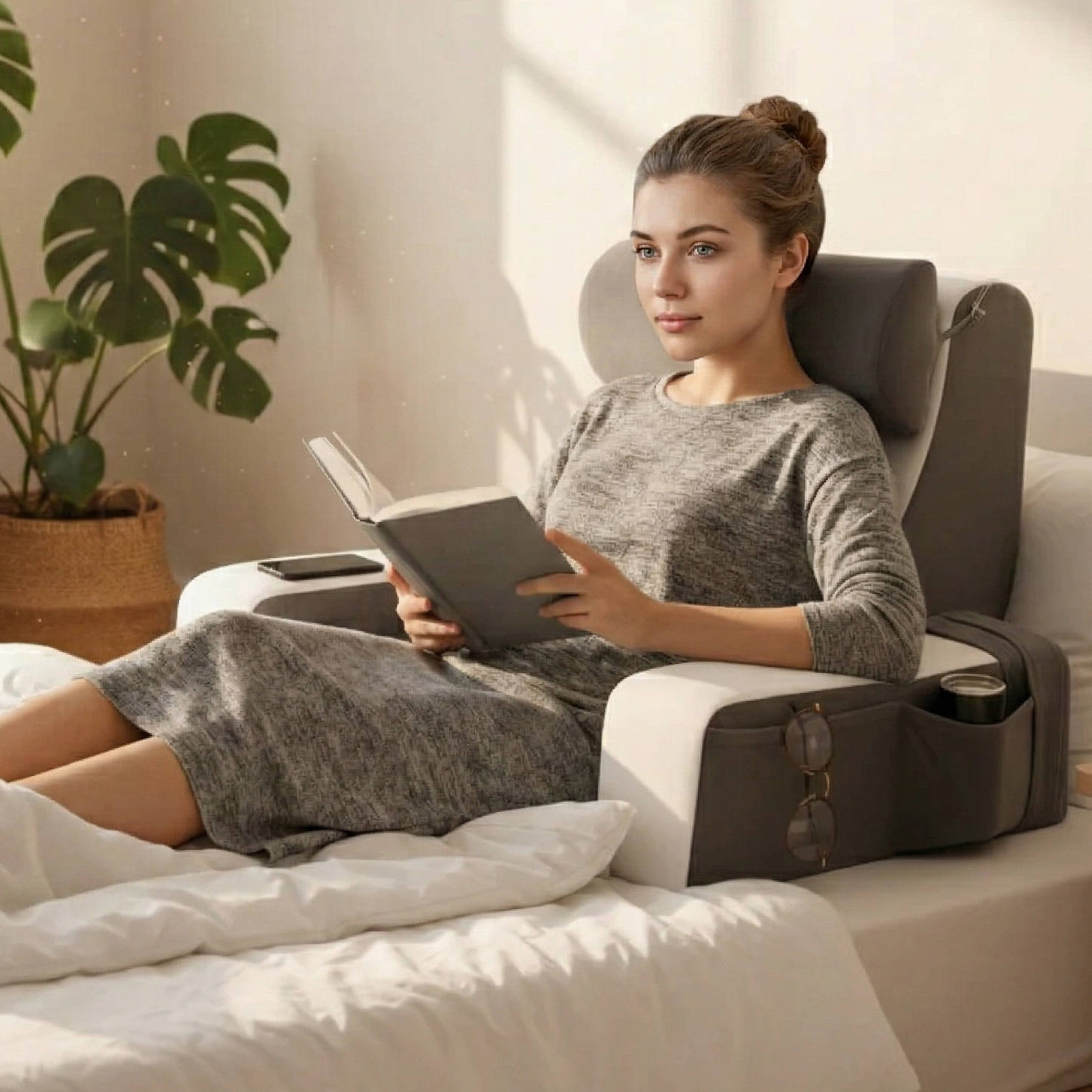 Reading Pillow with Detachable Arms and Adjustable Neck Support, Dual Pockets All Vera Mart