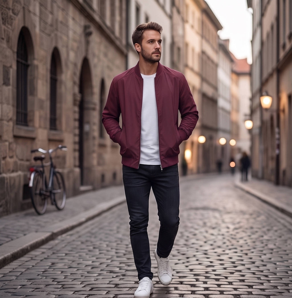 Bomber Jacket with Metal Zipper and Rib Knit Trim, Matte Wind-Blocking Finish All Vera Mart