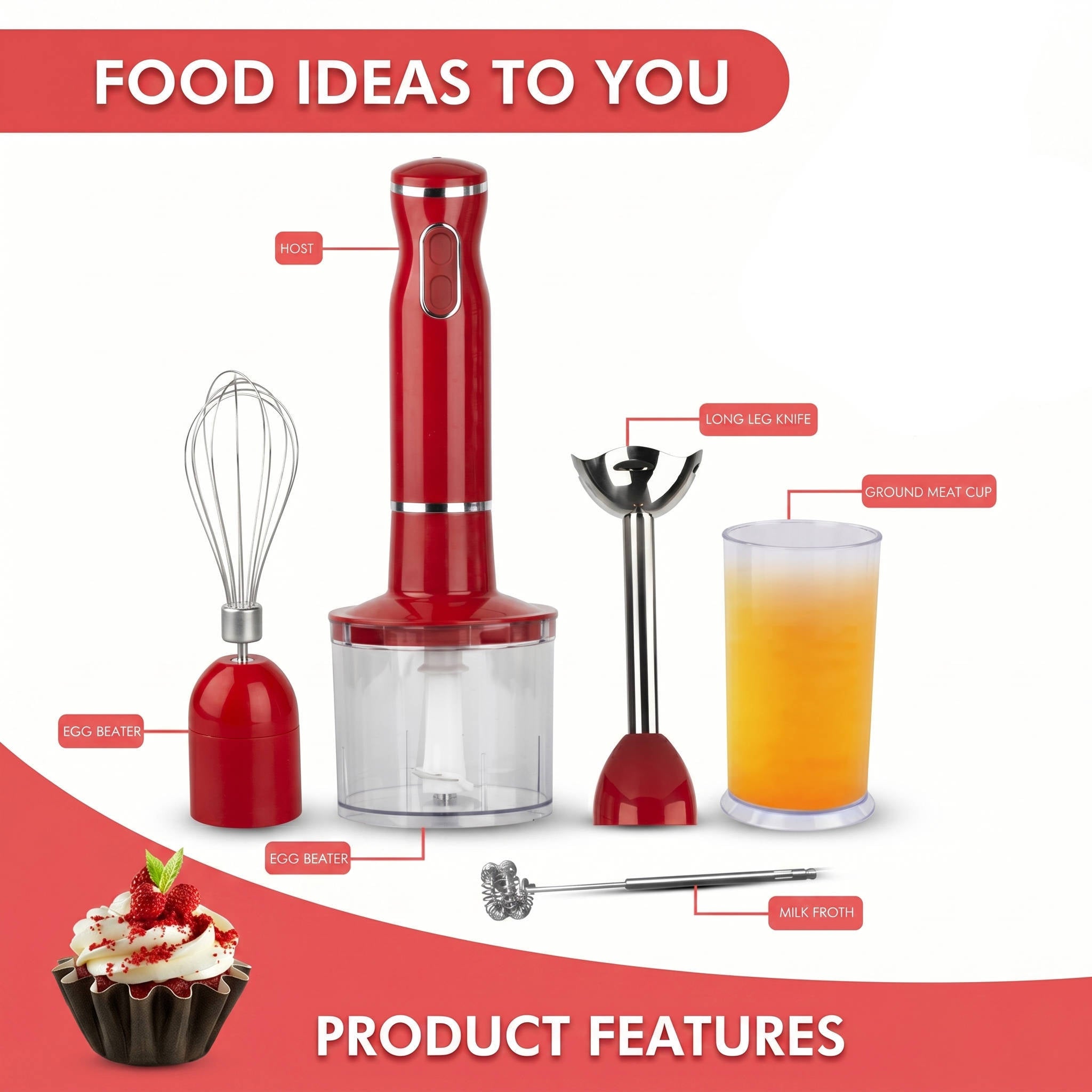 Electric Hand Blender with 5 Attachments and 20 Speed Settings, 1000W Motor All Vera Mart