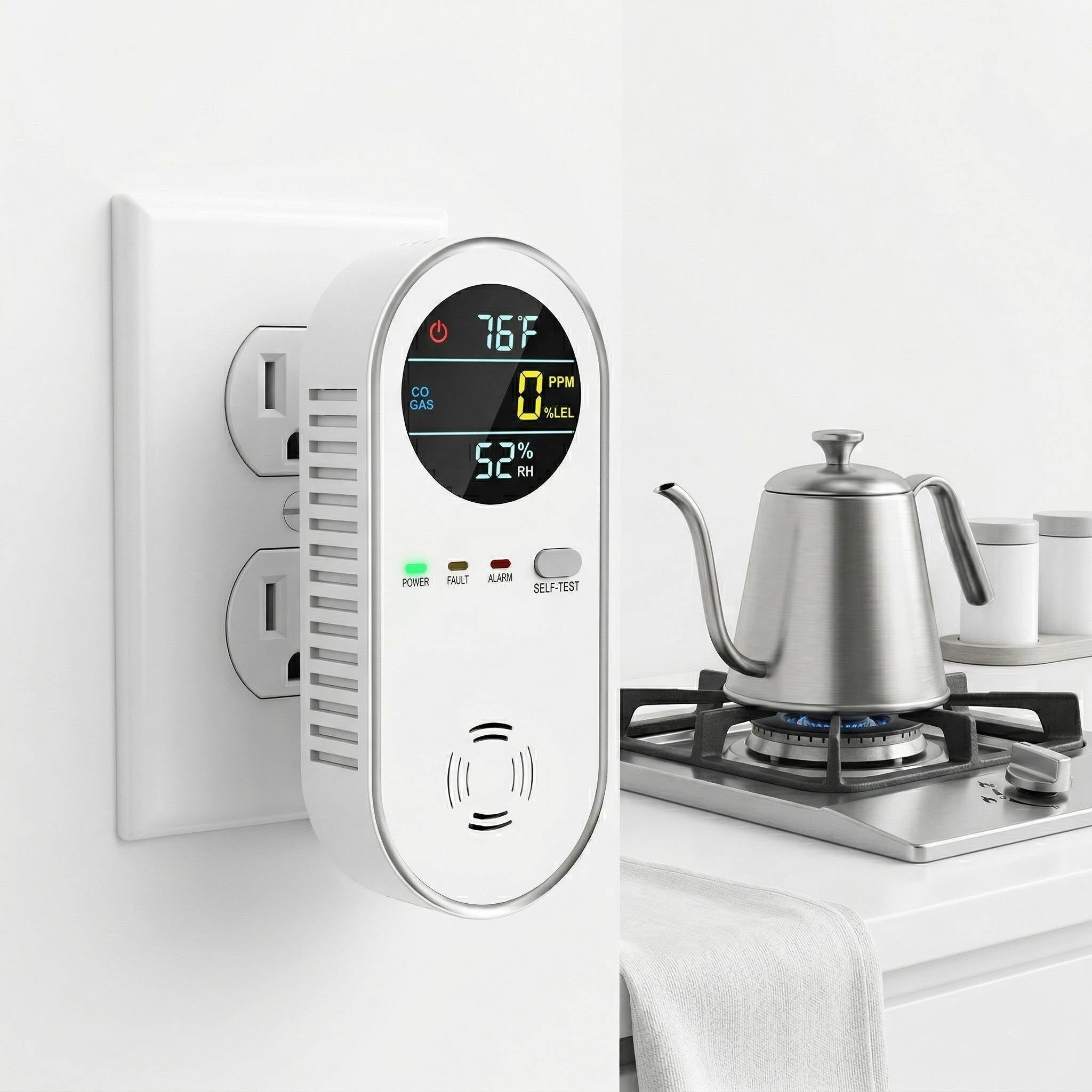 Plug In Carbon Monoxide and Natural Gas Detector with Temperature and Humidity Display All Vera Mart