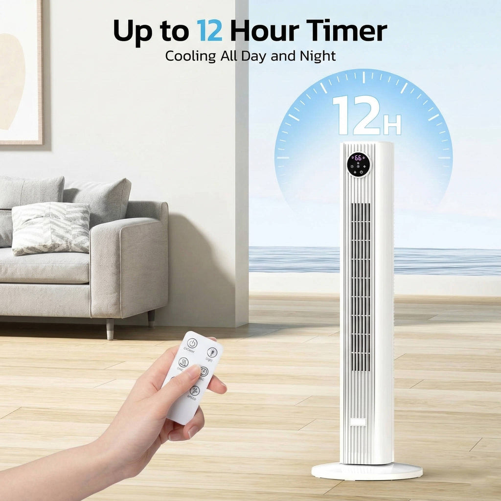 Oscillating Tower Fan with 90-Degree Swing and Remote Control, 4 Operating Modes All Vera Mart