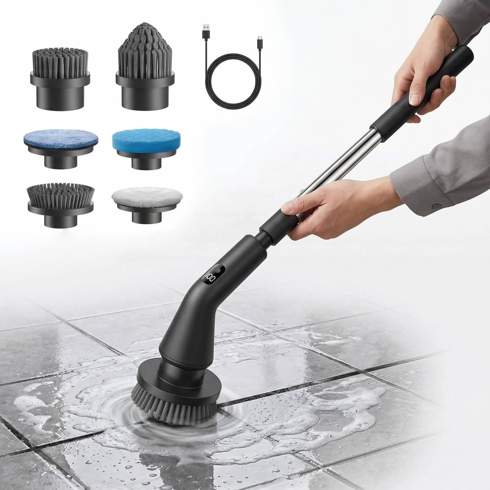Electric Spin Scrubber with Extendable Handle and 7 Brush Heads for Grout All Vera Mart
