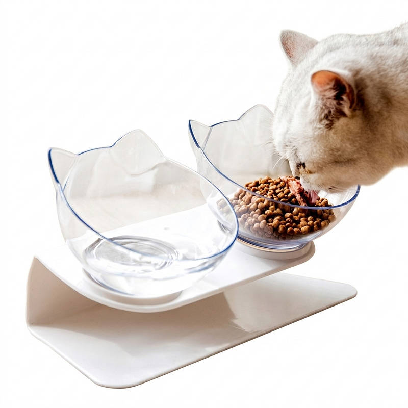 Tilted Cat Feeding Bowl with 15-Degree Angle and Dual Transparent Dishes, Anti Slip Base All Vera Mart