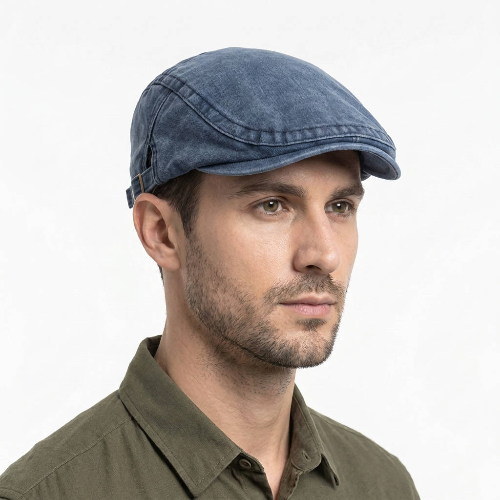 Denim Flat Cap with Eight Panel Construction and Adjustable Interior Band All Vera Mart
