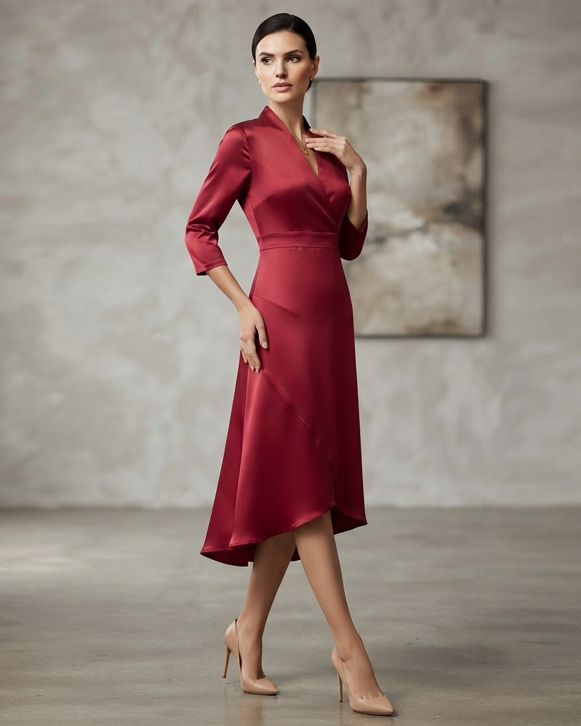 Women's Long Sleeve Midi Dress with Fluid Drape and Figure Skimming Cut for Warm Weather All Vera Mart