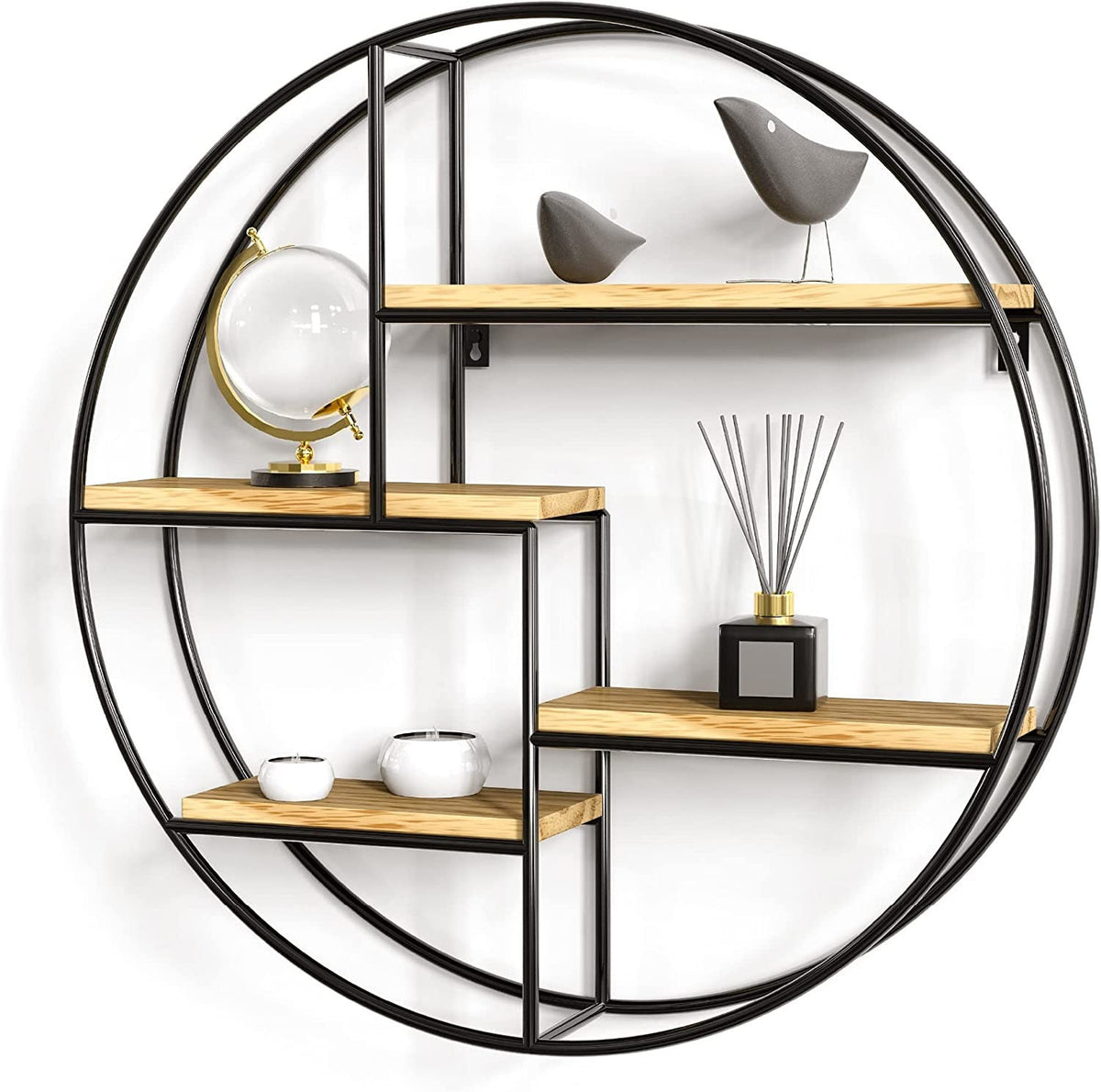 Round Wall Shelf with Four Wooden Tiers and Metal Frame Support All Vera Mart