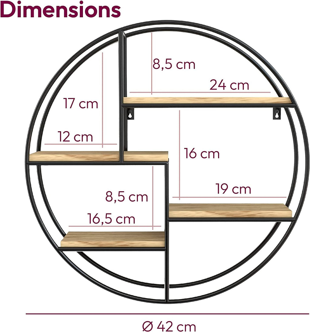 Round Wall Shelf with Four Wooden Tiers and Metal Frame Support All Vera Mart