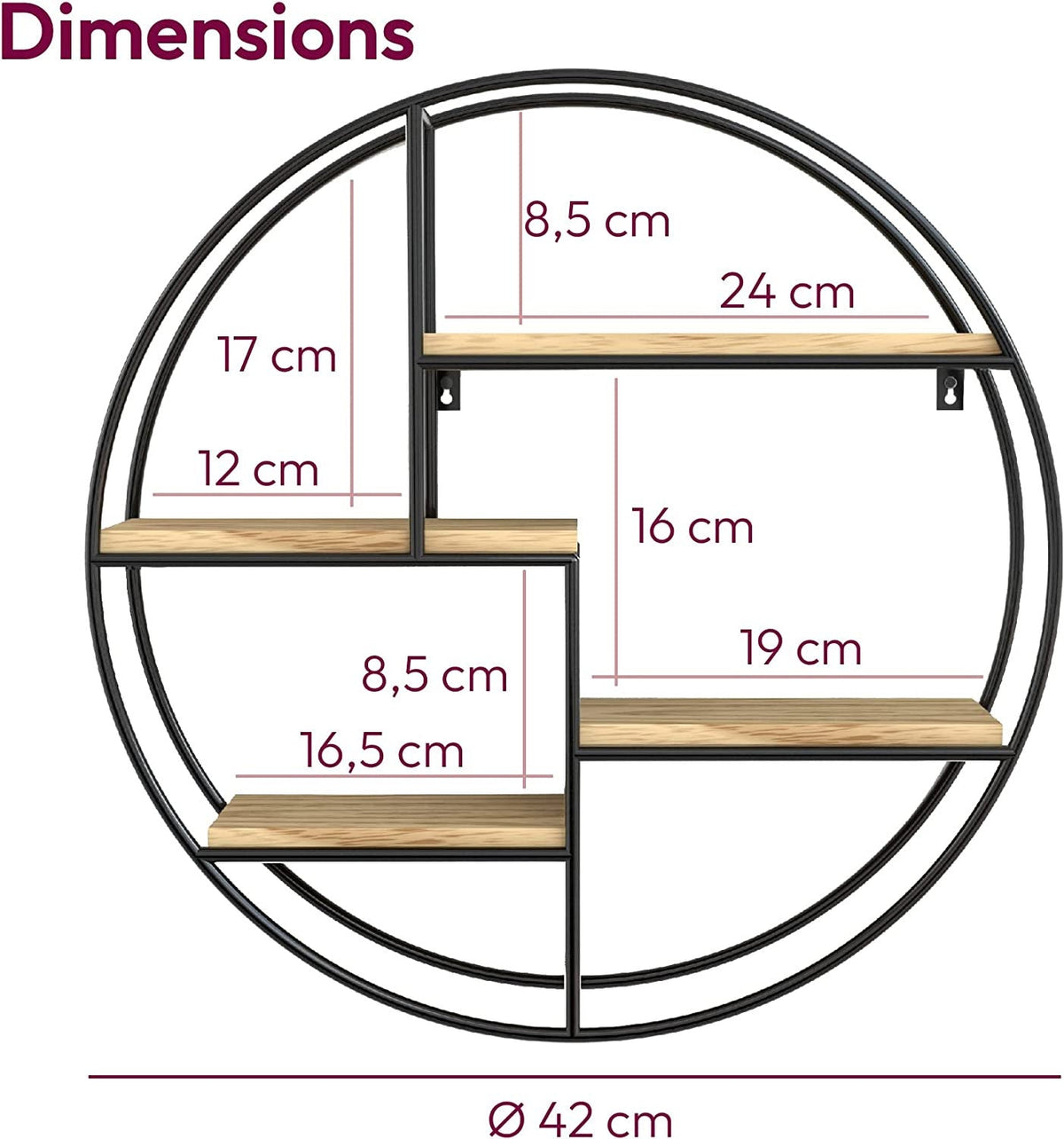Round Wall Shelf with Four Wooden Tiers and Metal Frame Support All Vera Mart