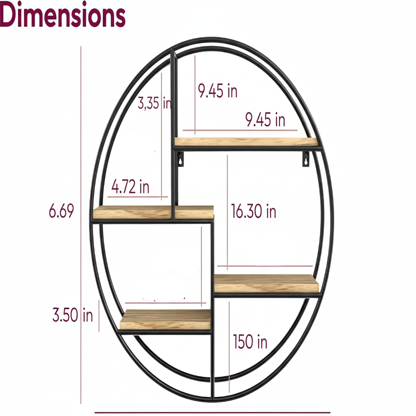 Round Wall Shelf with Four Wooden Tiers and Metal Frame Support All Vera Mart