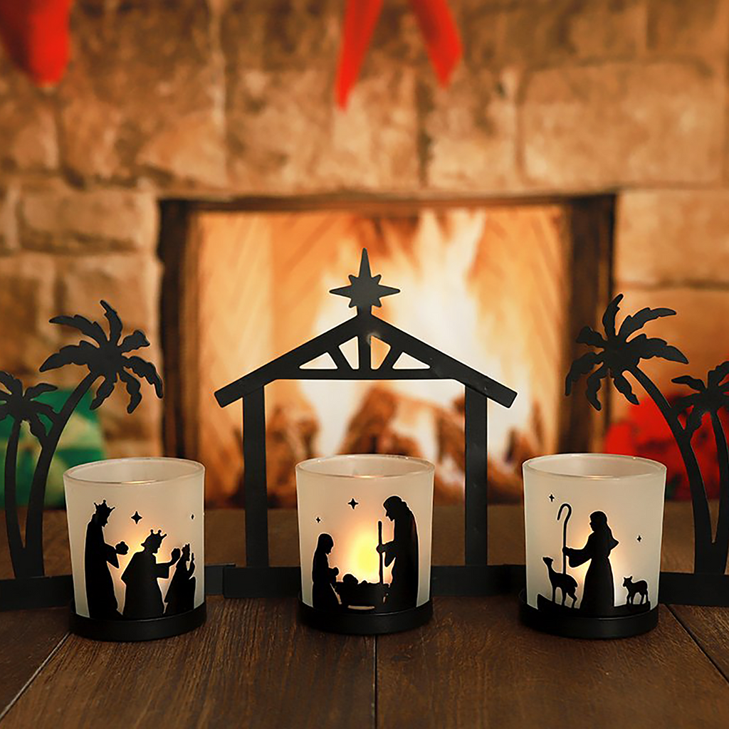 Metal Nativity Candle Holder with Glass Cups and LED Tealights, 3-Piece Set All Vera Mart