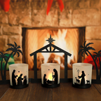 Metal Nativity Candle Holder with Glass Cups and LED Tealights, 3-Piece Set All Vera Mart