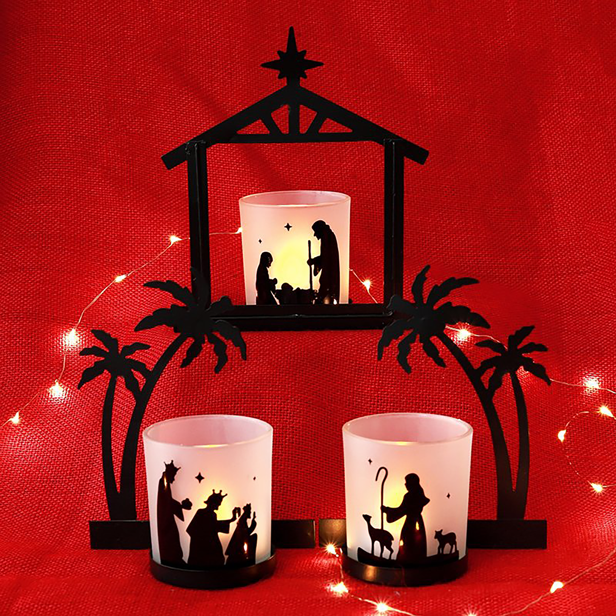 Metal Nativity Candle Holder with Glass Cups and LED Tealights, 3-Piece Set All Vera Mart