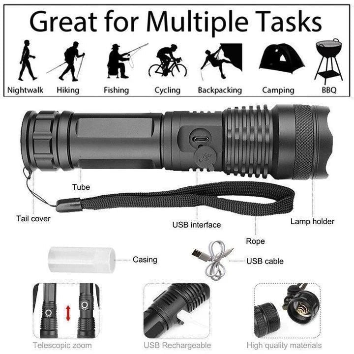 Rechargeable Flashlight with Adjustable Zoom Lens and Three Brightness Modes, IPX6 Rated All Vera Mart