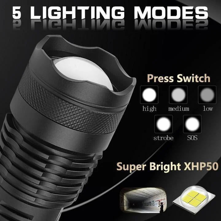 Rechargeable Flashlight with Adjustable Zoom Lens and Three Brightness Modes, IPX6 Rated All Vera Mart