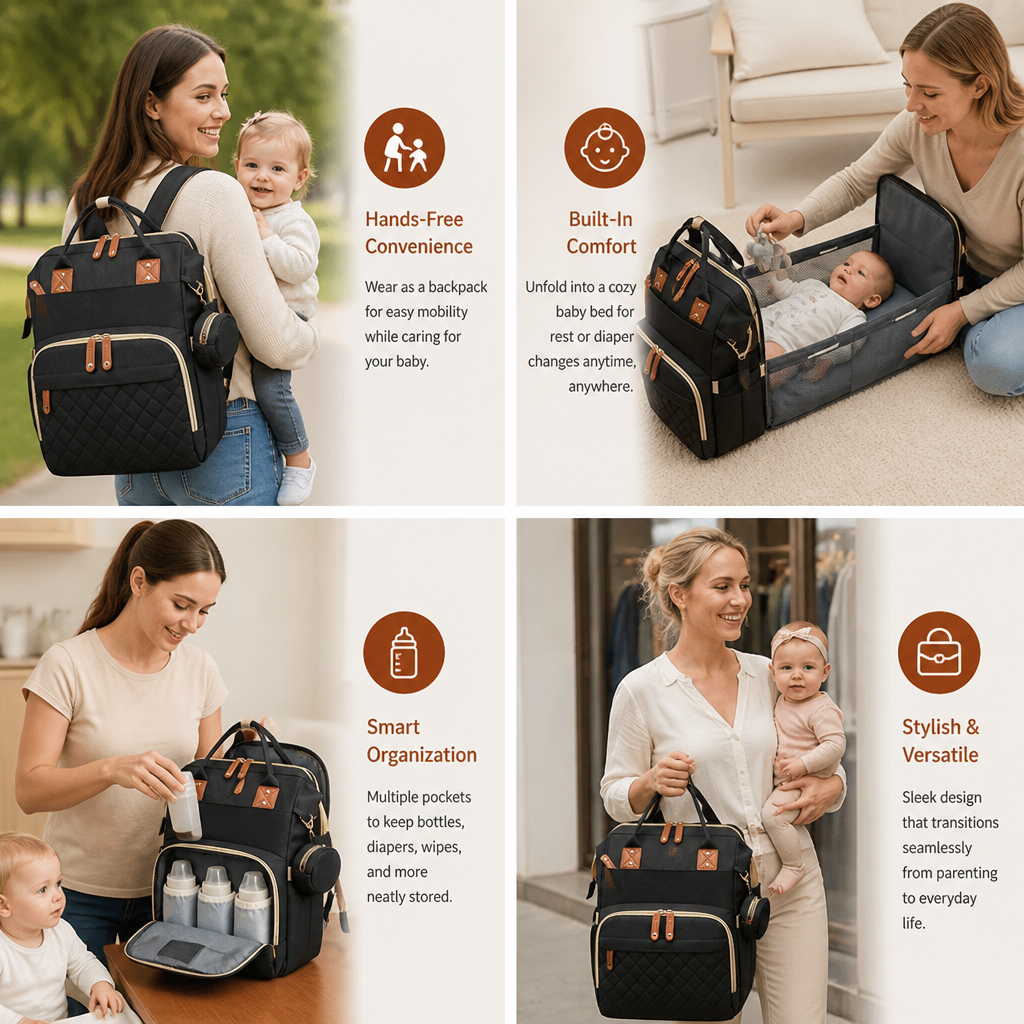 Diaper Backpack with Foldable Baby Bed and Built-In Changing Surface All Vera Mart