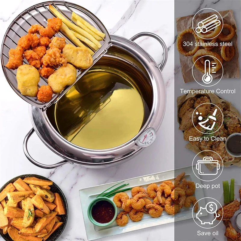 Stainless Steel Tempura Pan with Built-In Thermometer and Wide Frying Surface All Vera Mart