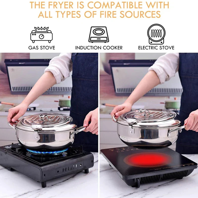 Stainless Steel Tempura Pan with Built-In Thermometer and Wide Frying Surface All Vera Mart