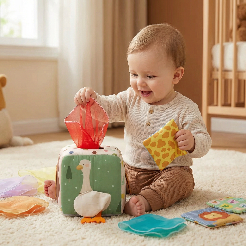 Fabric Tissue Box with Crinkle Textures and High Contrast Colors for Babies All Vera Mart