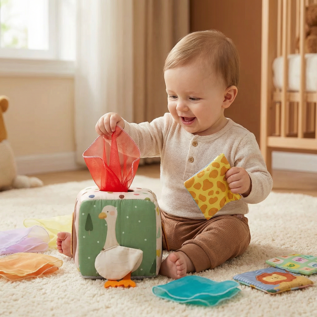 Fabric Tissue Box with Crinkle Textures and High Contrast Colors for Babies All Vera Mart
