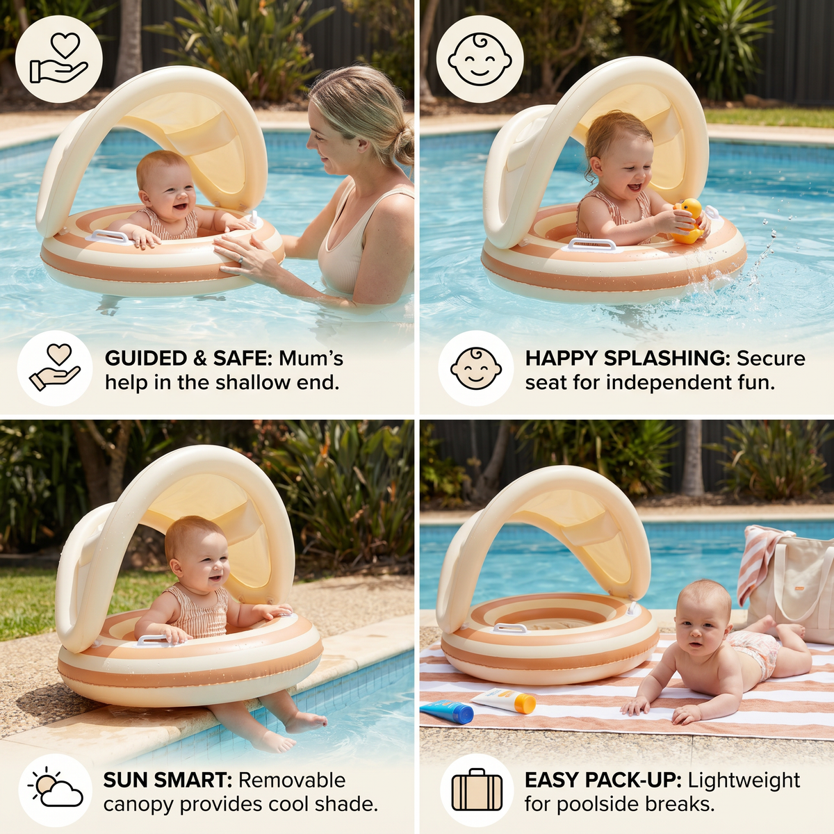 Baby Swim Ring with Integrated Seat and Removable Sun Canopy for 6-36 Months All Vera Mart