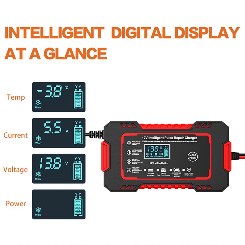 Pulse Repair Car Battery Charger with LCD Display and Multi-Battery Support All Vera Mart