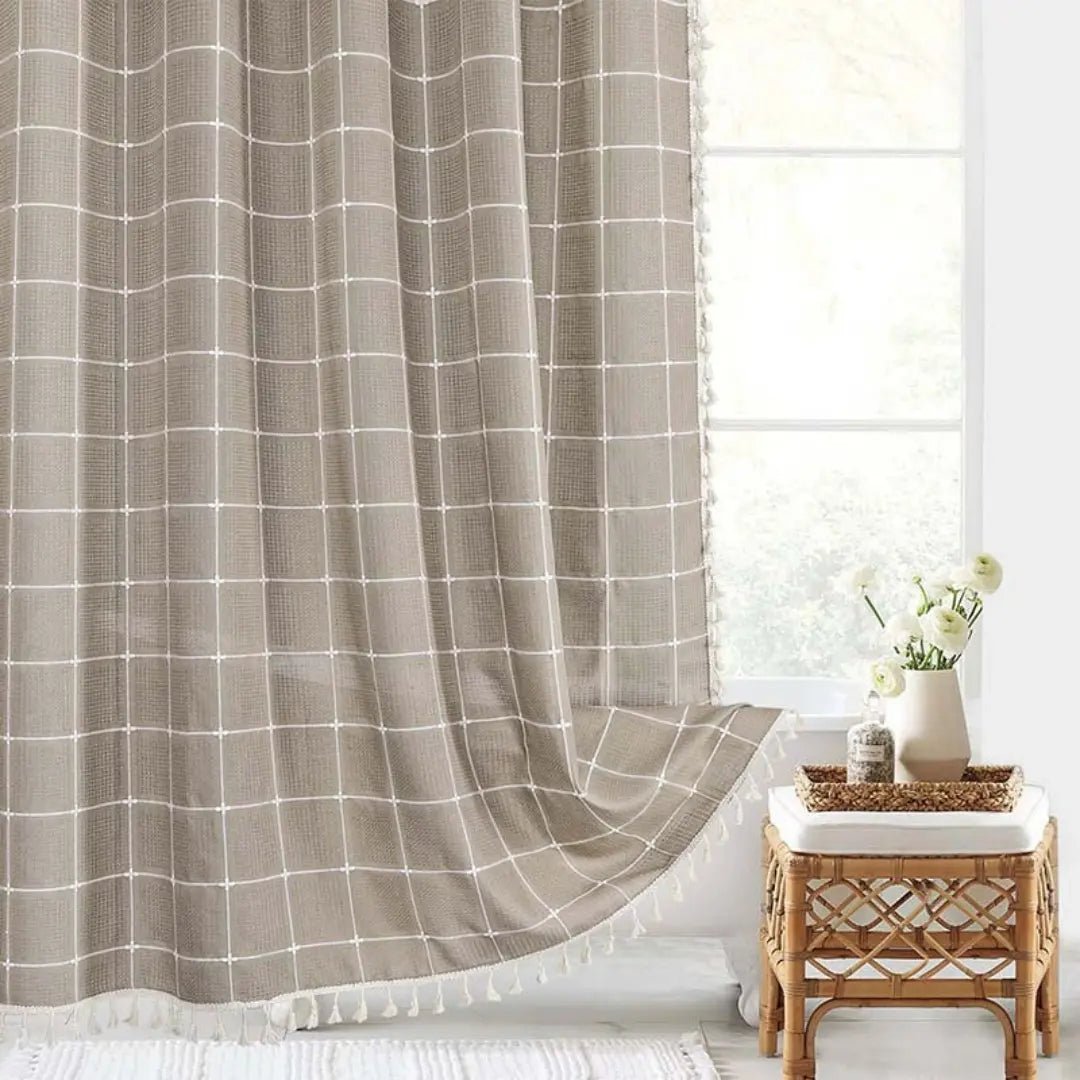 Boho Linen Texture Shower Curtain with Tassel Hem, Jacquard Weave and 12 Hooks in Nine Colors and Three Sizes