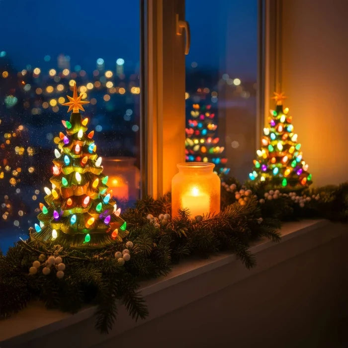 Tabletop Christmas Tree Light with Golden Star Topper Sculpted Evergreen Look and Warm Glow