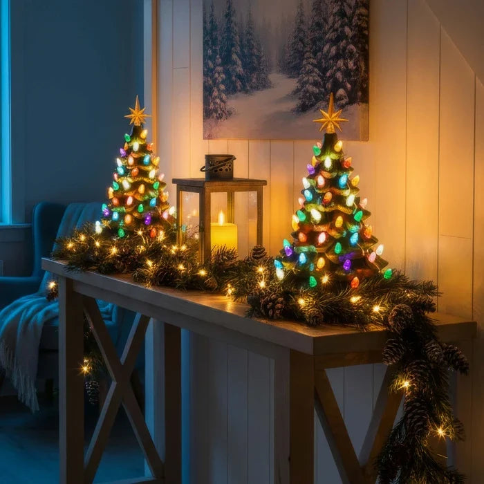 Tabletop Christmas Tree Light with Golden Star Topper Sculpted Evergreen Look and Warm Glow