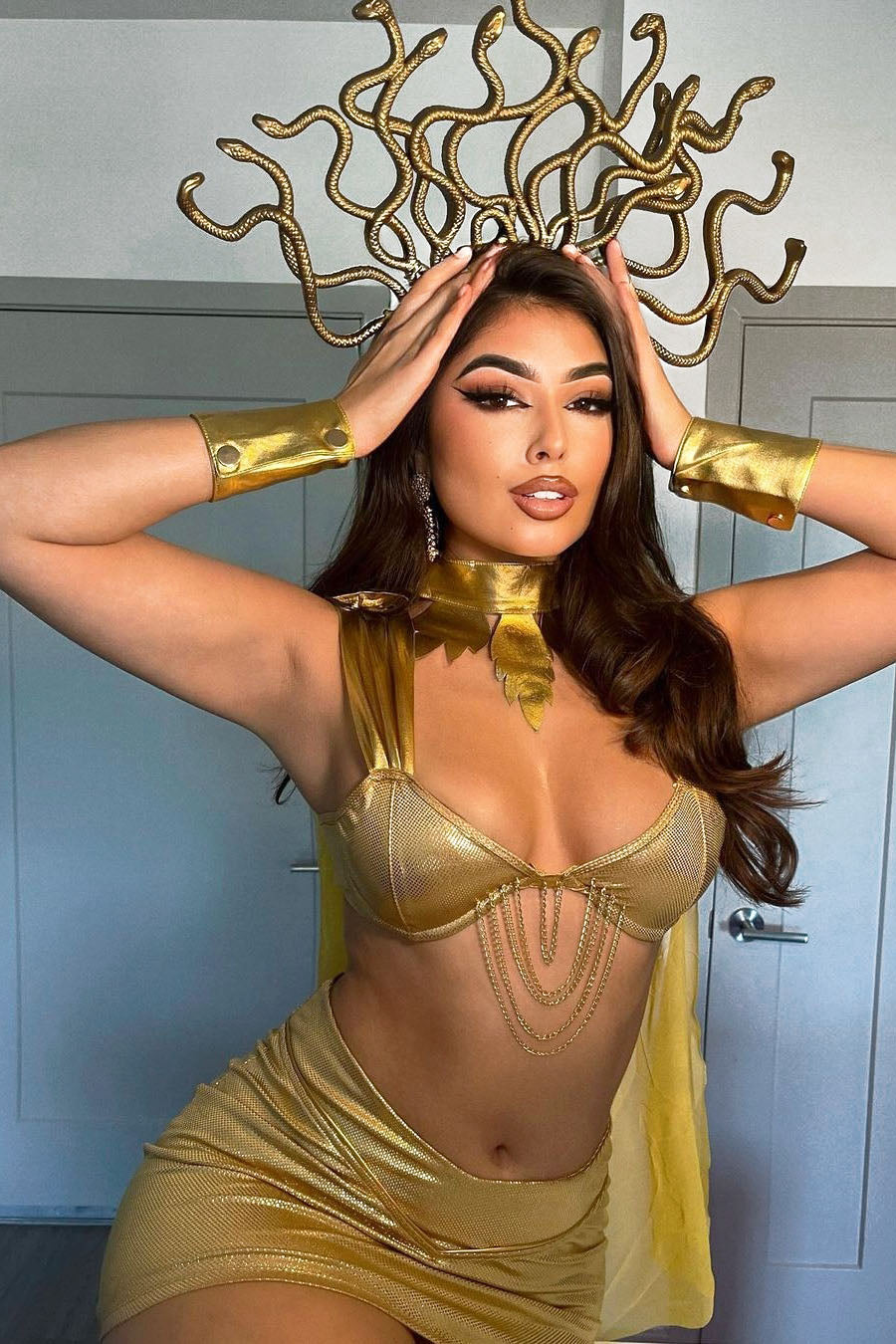Womens Gold Snake Goddess Costume Set with Draped Bra and Mini Skirt