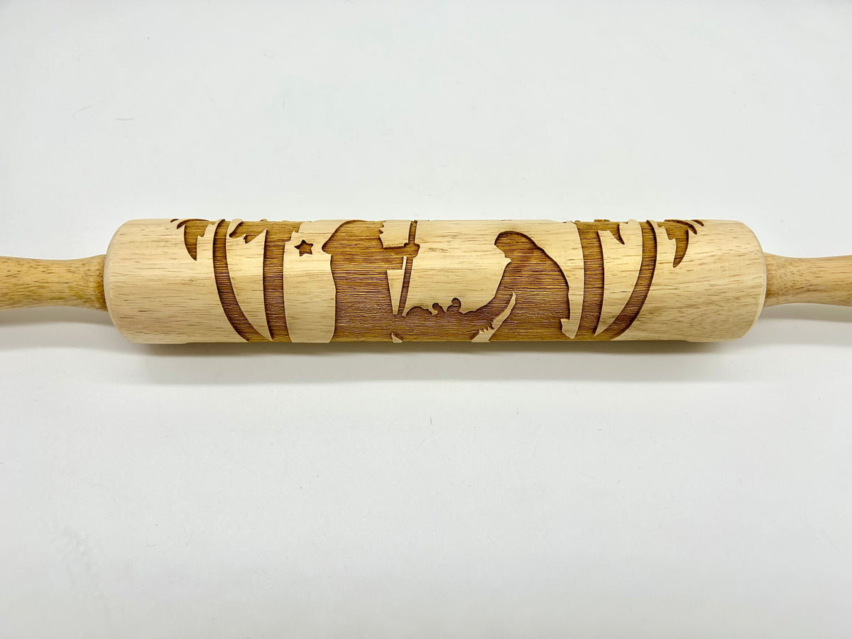 Nativity Scene Embossed Rolling Pin for Imprinting Cookies, Fondant, Salt Dough Ornaments and Pottery