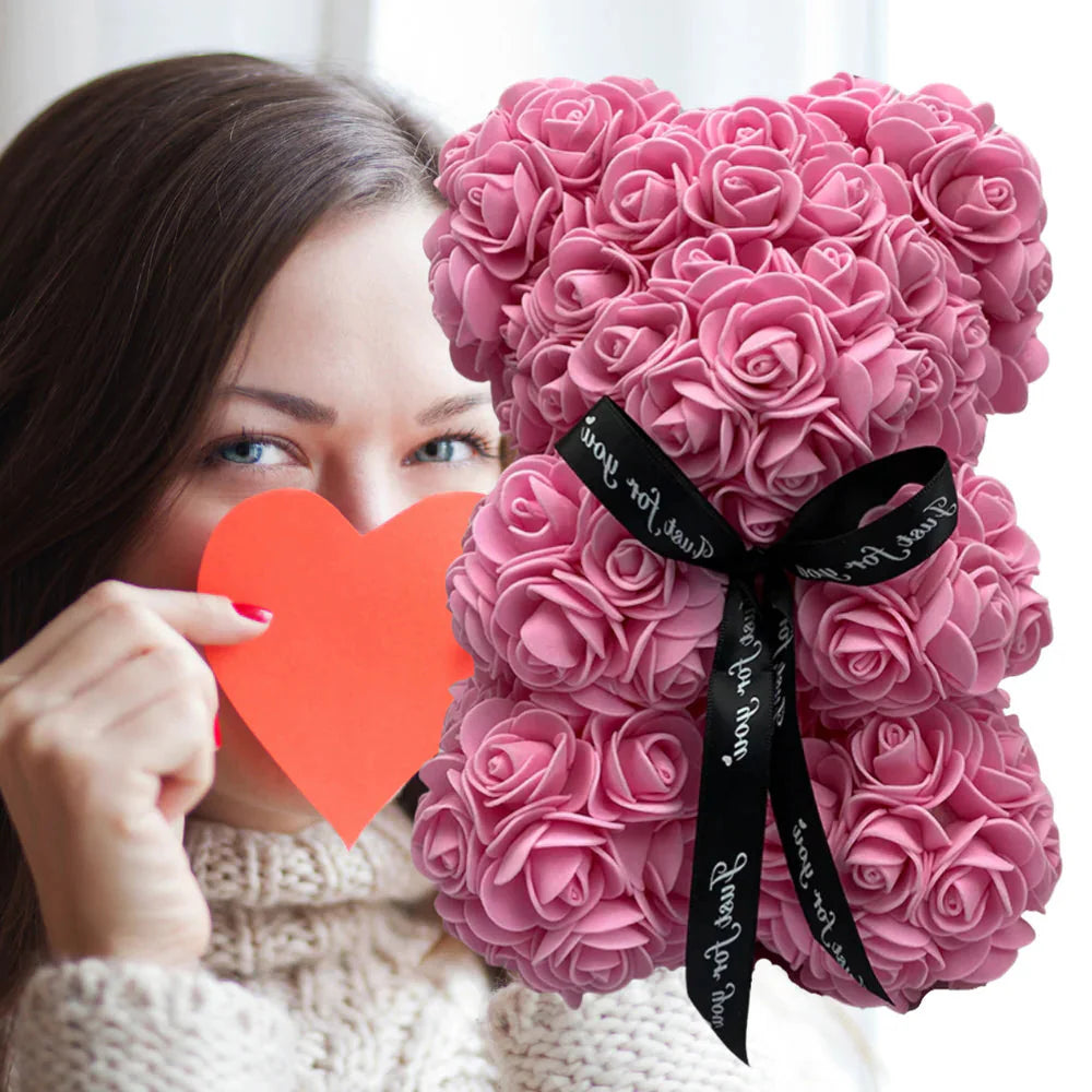 Foam Rose Teddy Bear with Ribbon Accent, 9.8 Inches Tall All Vera Mart