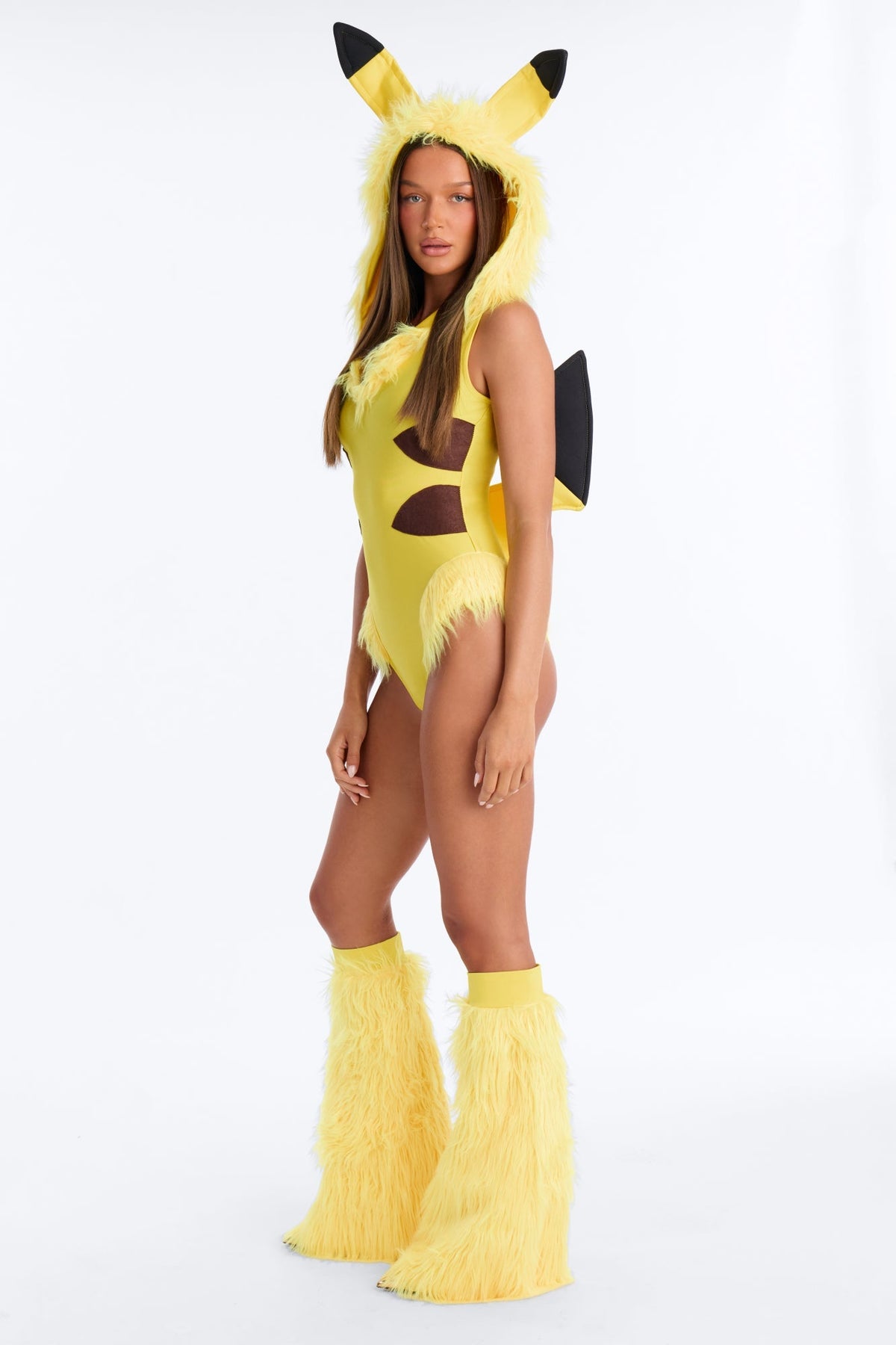Yellow Hooded Bodysuit Costume Set with Lightning Bolt Tail and Furry Boot Covers