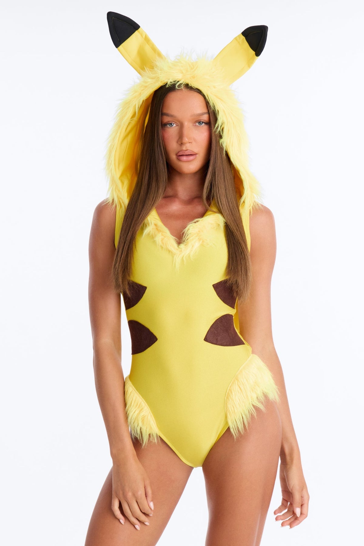 Yellow Hooded Bodysuit Costume Set with Lightning Bolt Tail and Furry Boot Covers