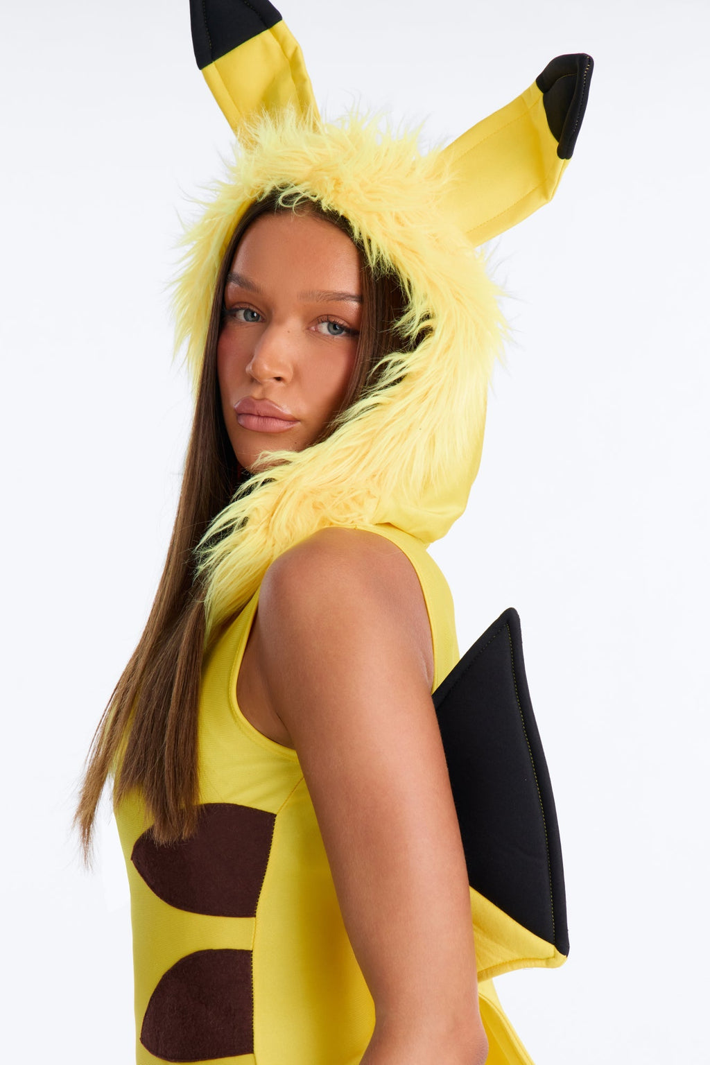 Yellow Hooded Bodysuit Costume Set with Lightning Bolt Tail and Furry Boot Covers