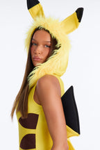 Yellow Hooded Bodysuit Costume Set with Lightning Bolt Tail and Furry Boot Covers