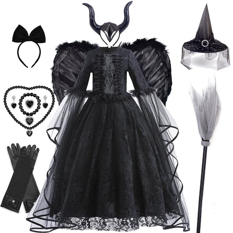 Girls Witch Queen Dress with Ruffle Trim and Decorative Pattern, Mid Calf Length All Vera Mart