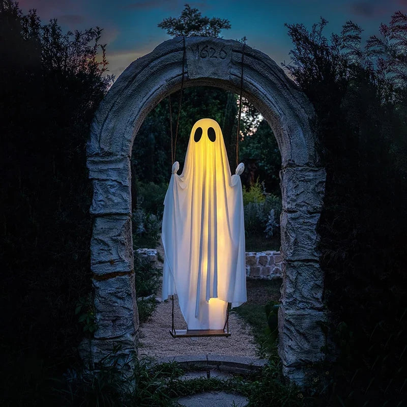 Illuminated Hanging Ghost Swing with String Lights and Wooden Seat, Outdoor Halloween Decoration All Vera Mart