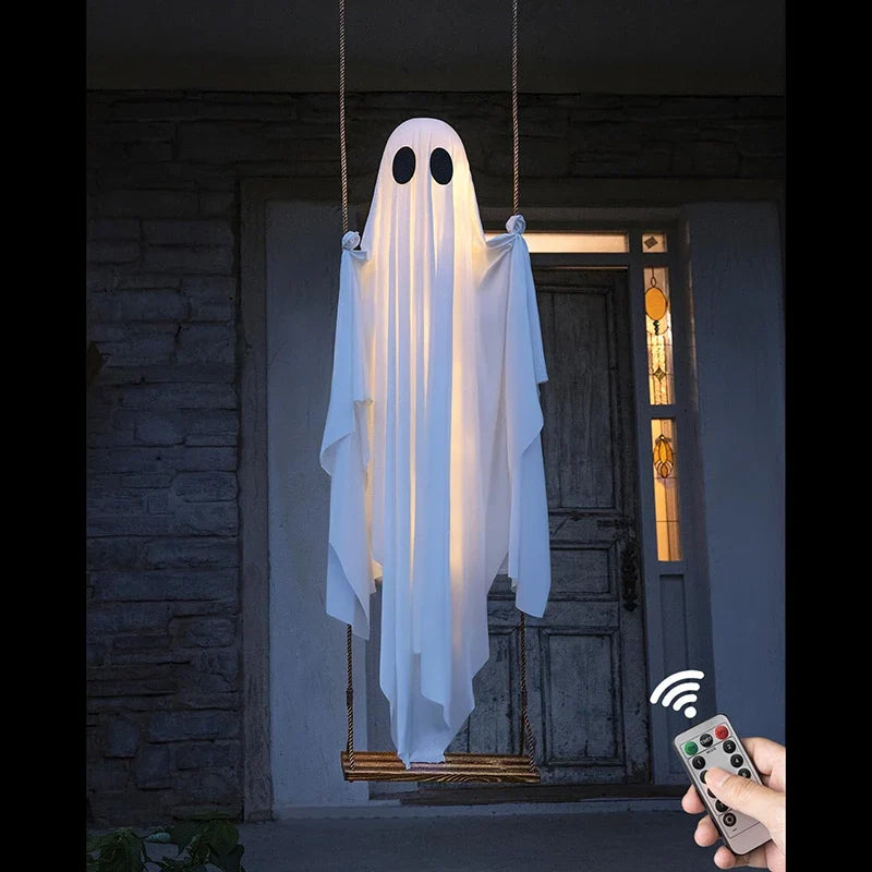 Illuminated Hanging Ghost Swing with String Lights and Wooden Seat, Outdoor Halloween Decoration All Vera Mart
