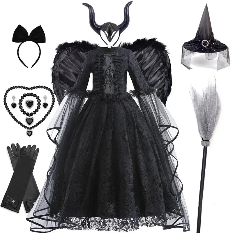 Girls Witch Queen Dress with Ruffle Trim and Decorative Pattern, Mid Calf Length All Vera Mart