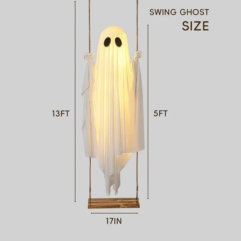 Illuminated Hanging Ghost Swing with String Lights and Wooden Seat, Outdoor Halloween Decoration All Vera Mart