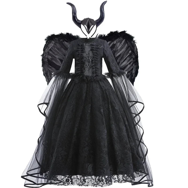 Girls Witch Queen Dress with Ruffle Trim and Decorative Pattern, Mid Calf Length All Vera Mart