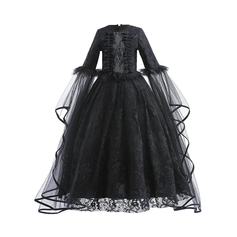 Girls Witch Queen Dress with Ruffle Trim and Decorative Pattern, Mid Calf Length All Vera Mart