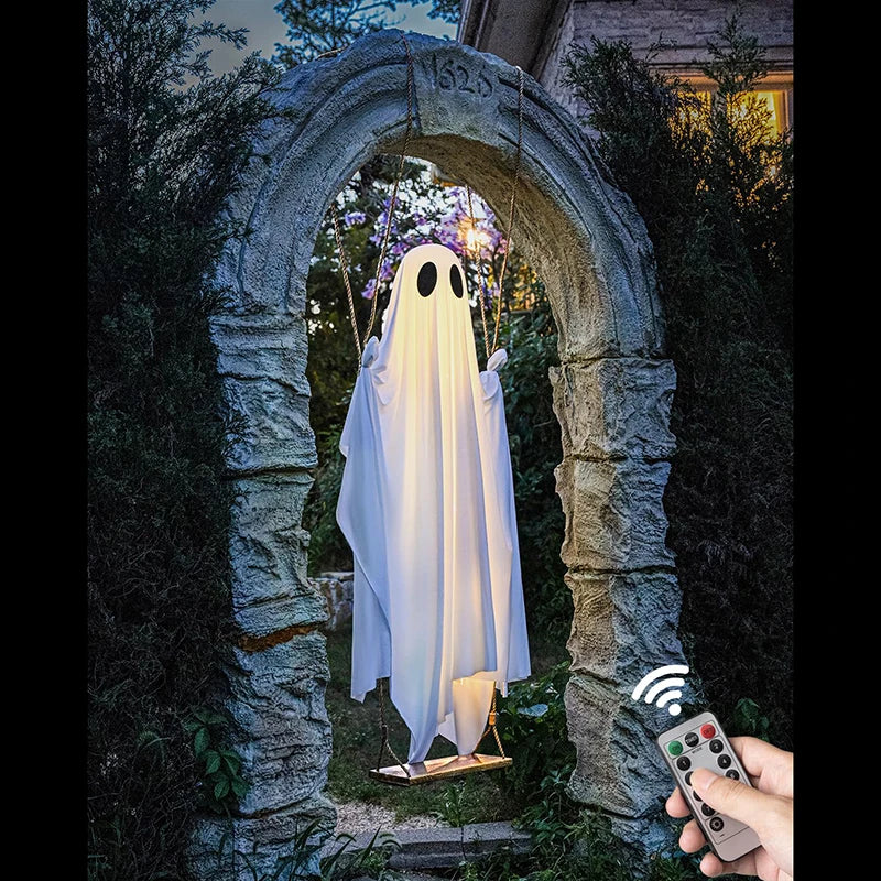 Illuminated Hanging Ghost Swing with String Lights and Wooden Seat, Outdoor Halloween Decoration All Vera Mart